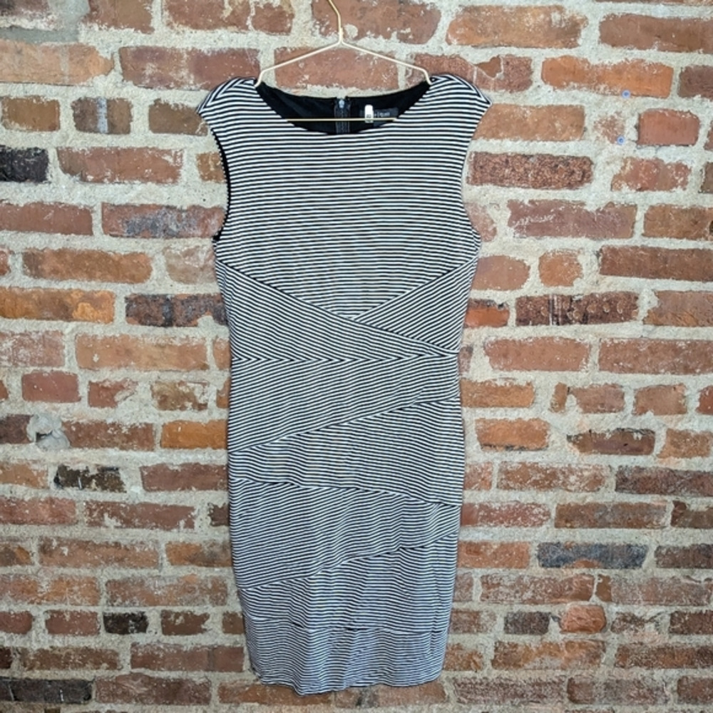 White House Black Market Size 12 Black &‎ White Striped Fitted Dress